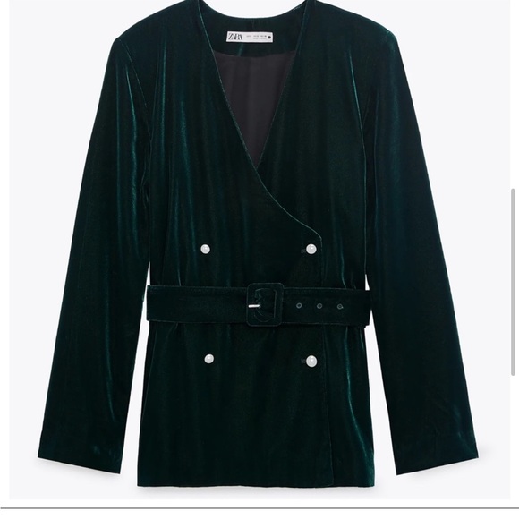 🆕 Zara Dark Green Belted Velvet Jacket with Pearl Buttons XS - Picture 2 of 4